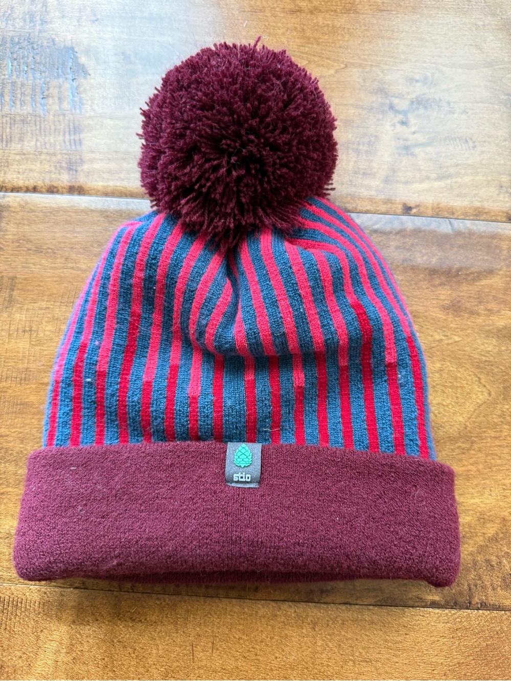 Stio Burgundy and Navy Striped Pom Beanie
